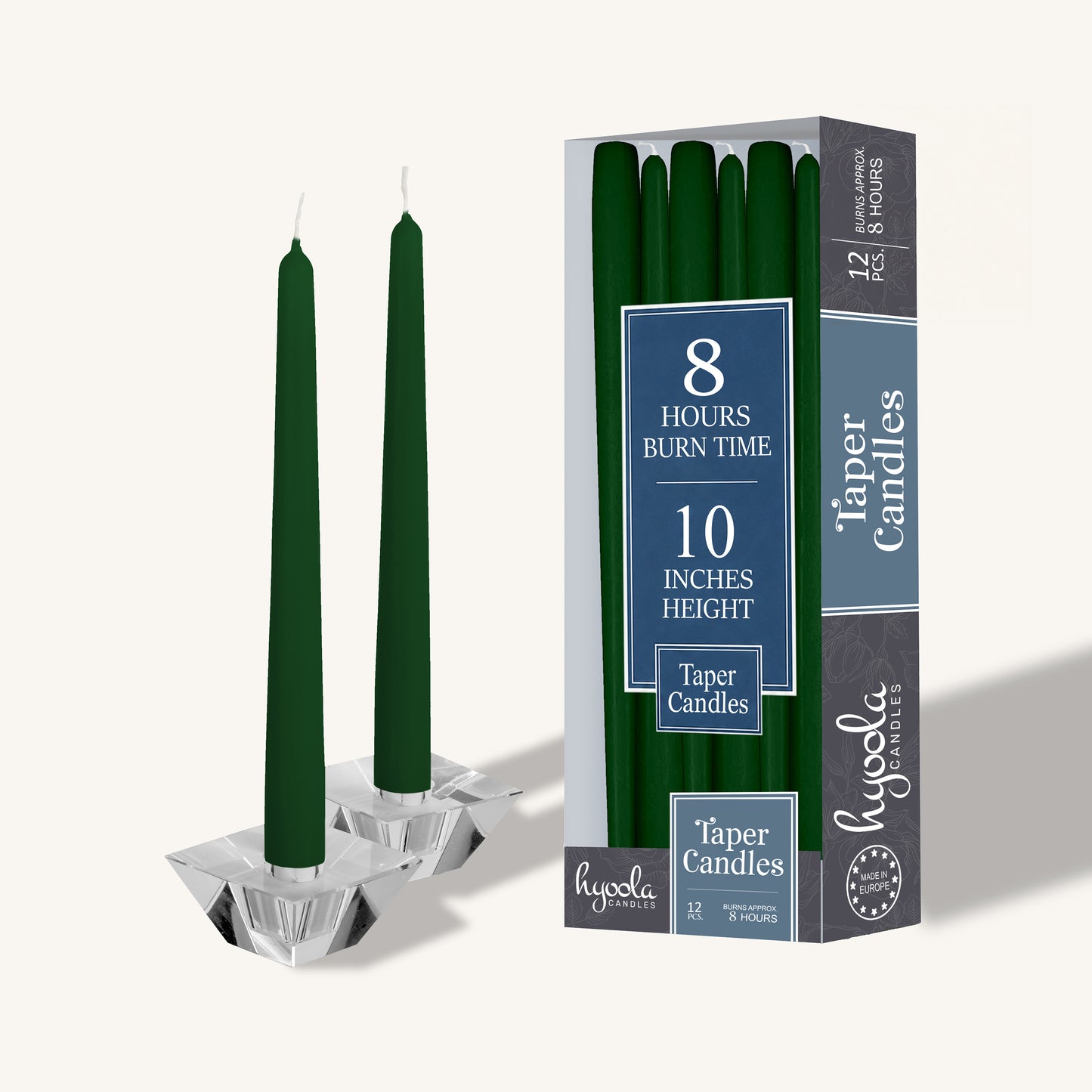 Hunter green taper candle, 10 inch, pack of 12