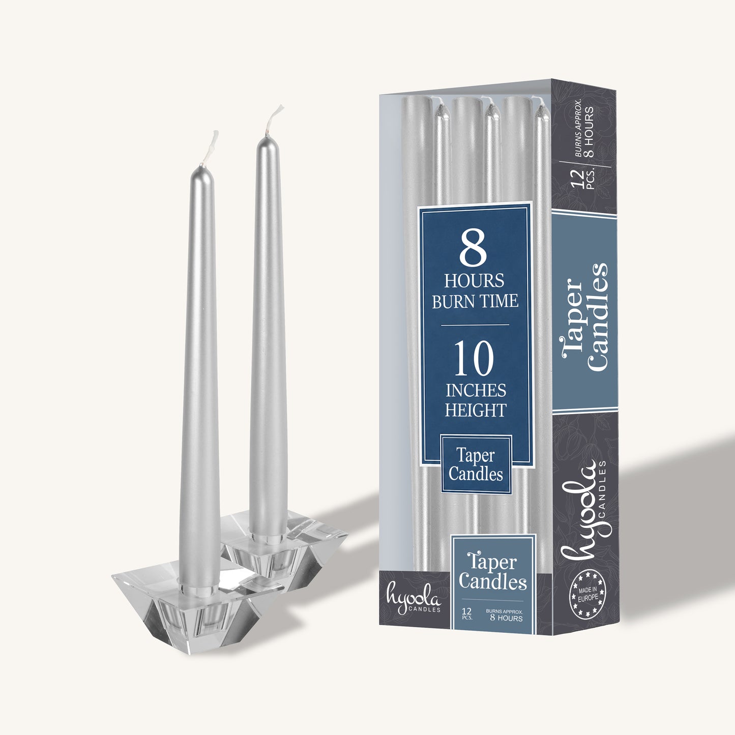 Metallic silver taper candle, 10 inch, pack of 12