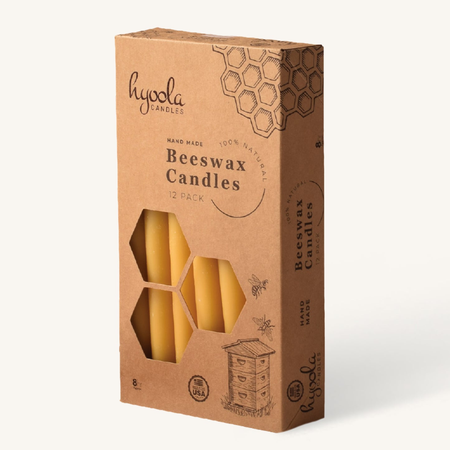 Yellow beeswax taper candle, 8 hour burn, pack of 12