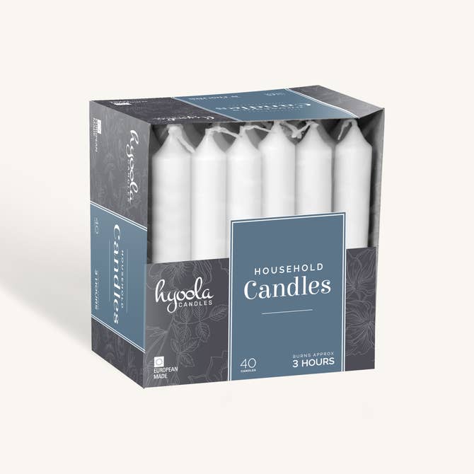 White household taper candle, 3 hour burn, pack of 40