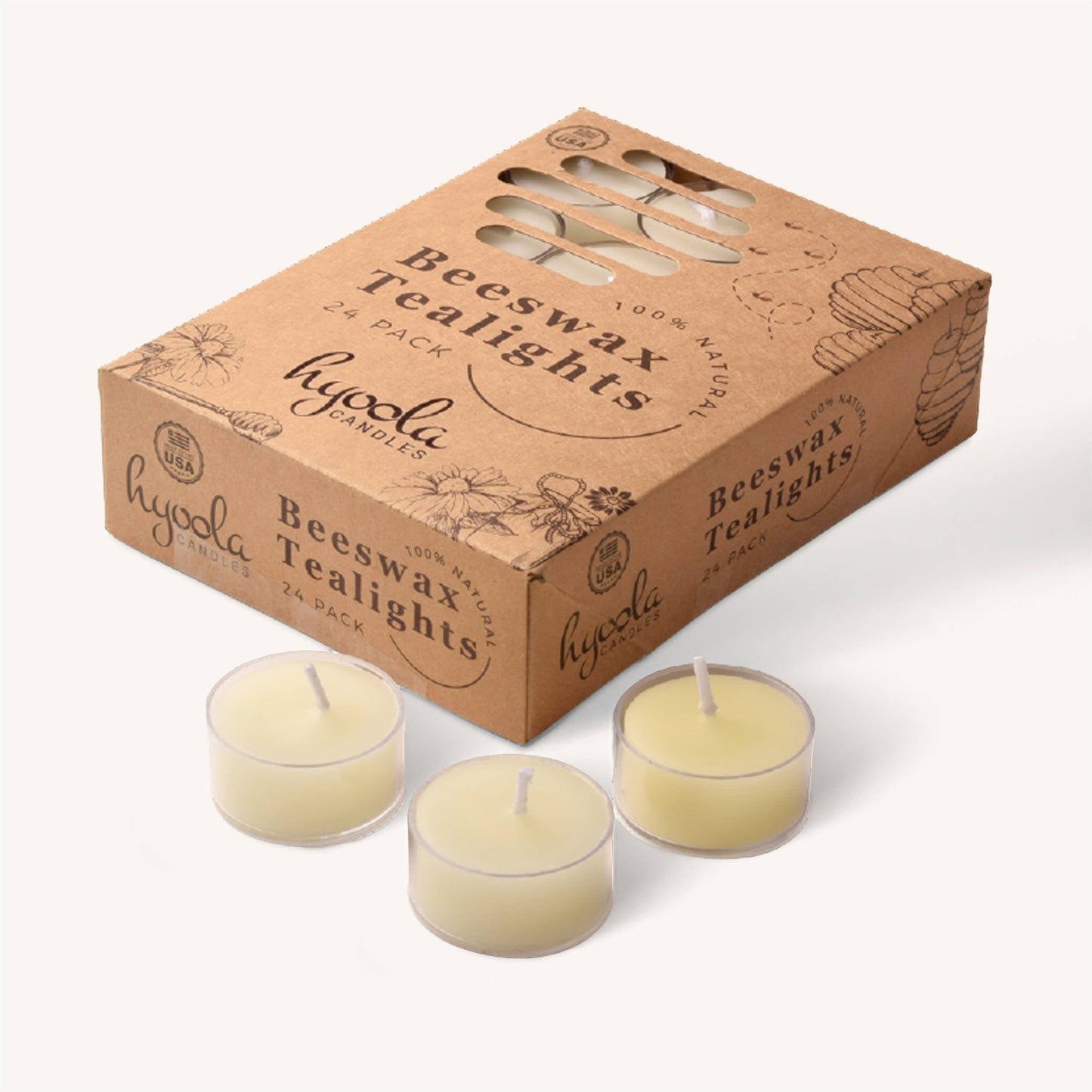White beeswax tealight candle in clear cup, 4 hour burn, pack of 24