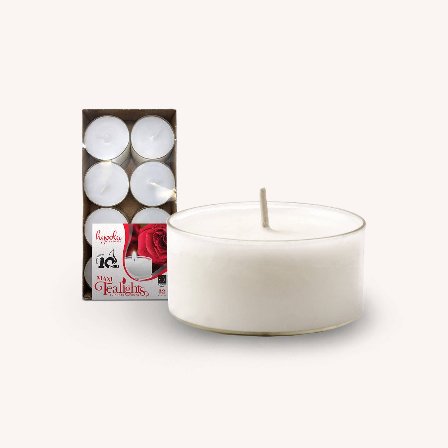 Tealight candles in clear cup, 10 hour burn, pack of 16