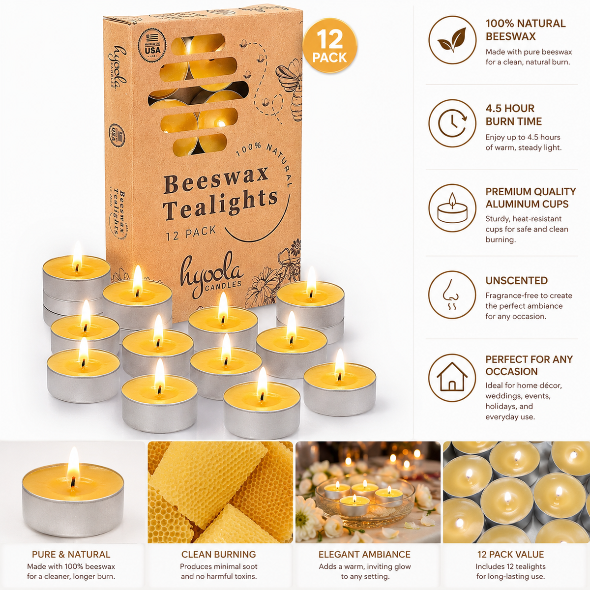 Yellow Beeswax Tealights in Aluminum Cup - 4 Hours - 12 Pack