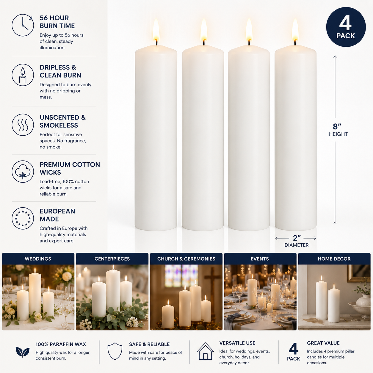 White Pillar Candles - 2" x 8" - 4 Pack