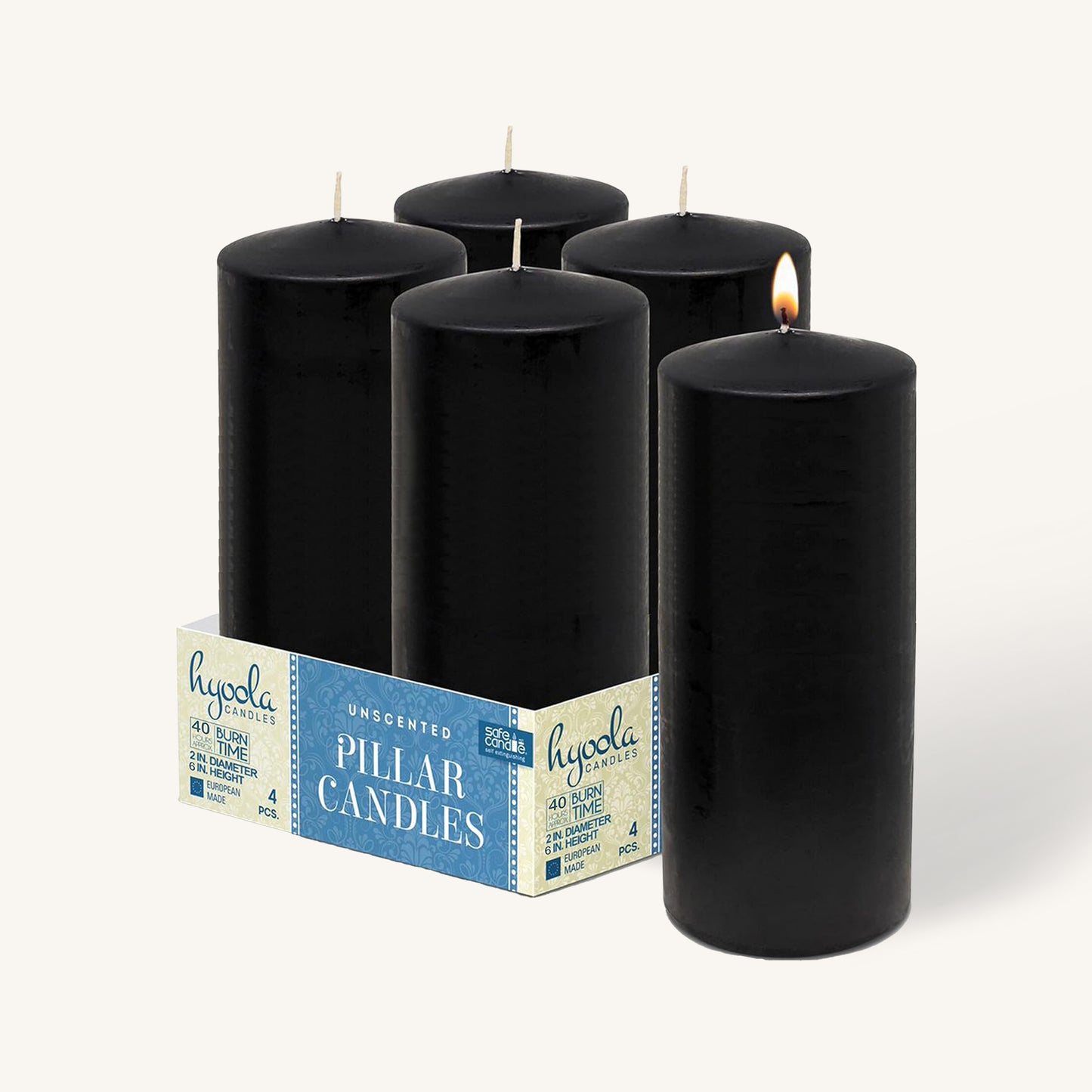 Black pillar candle, 2 inch by 6 inch, pack of 4