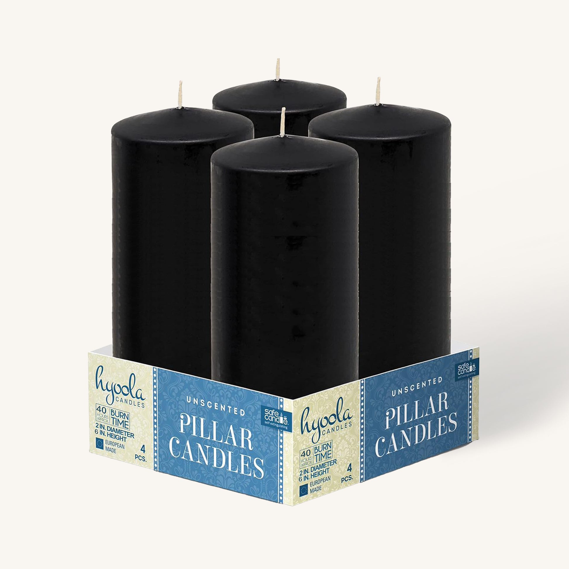 Black pillar candle, 2 inch by 8 inch, pack of 4