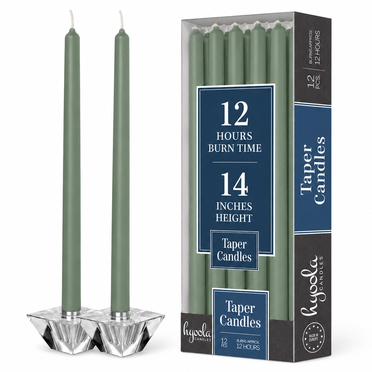 Emerald Taper Candles – 14-Inch, 12-Pack, Unscented & Dripless