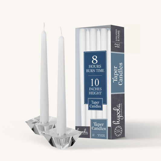 White Dripless Taper Candles - 10 Inch - 12 Pack  Hour Burn Time