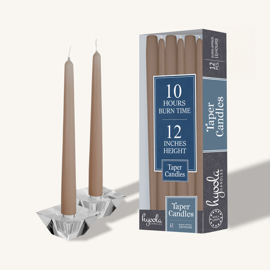 Taupe brown taper candle, 12 inch, pack of 12