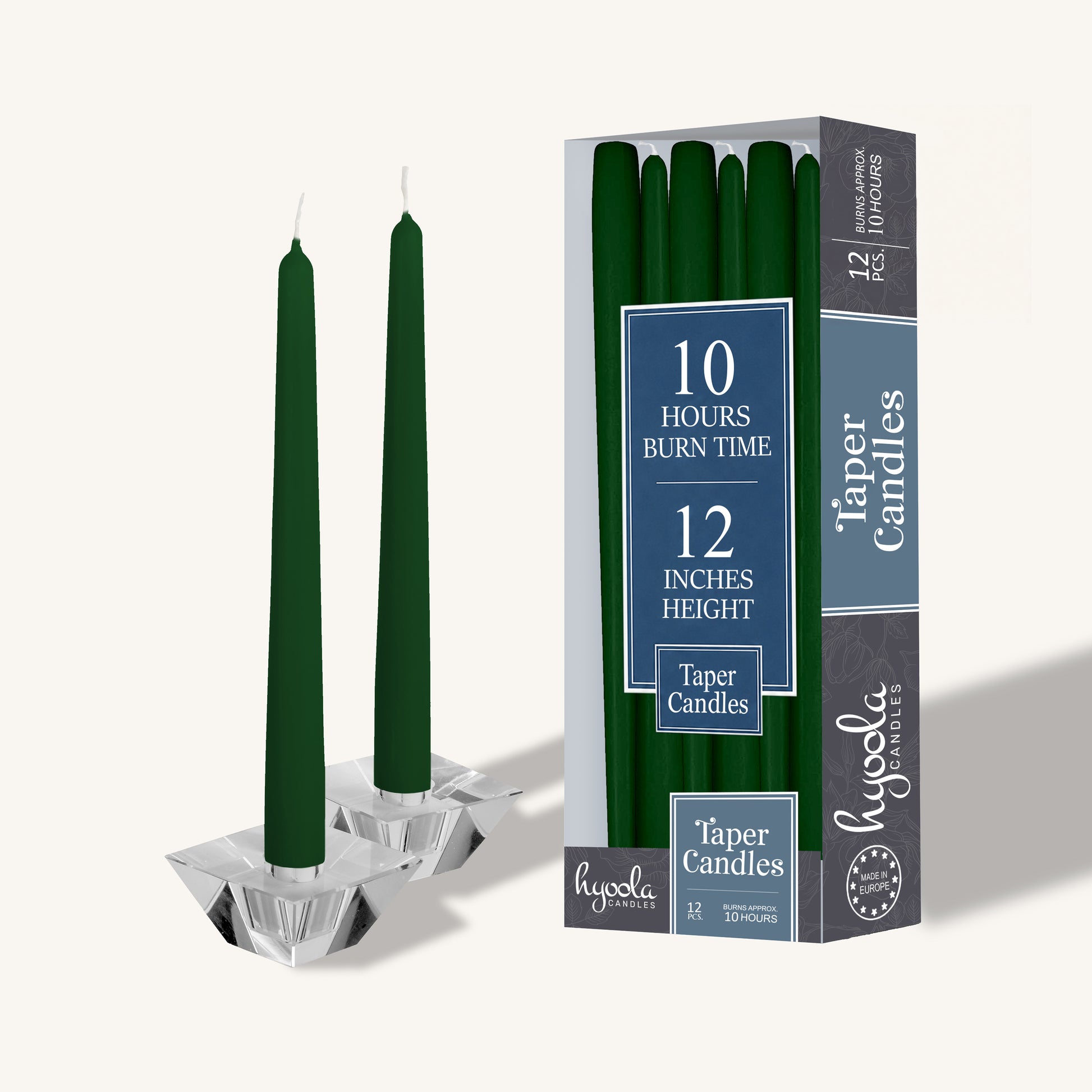 Hunter green taper candle, 12 inch, pack of 12