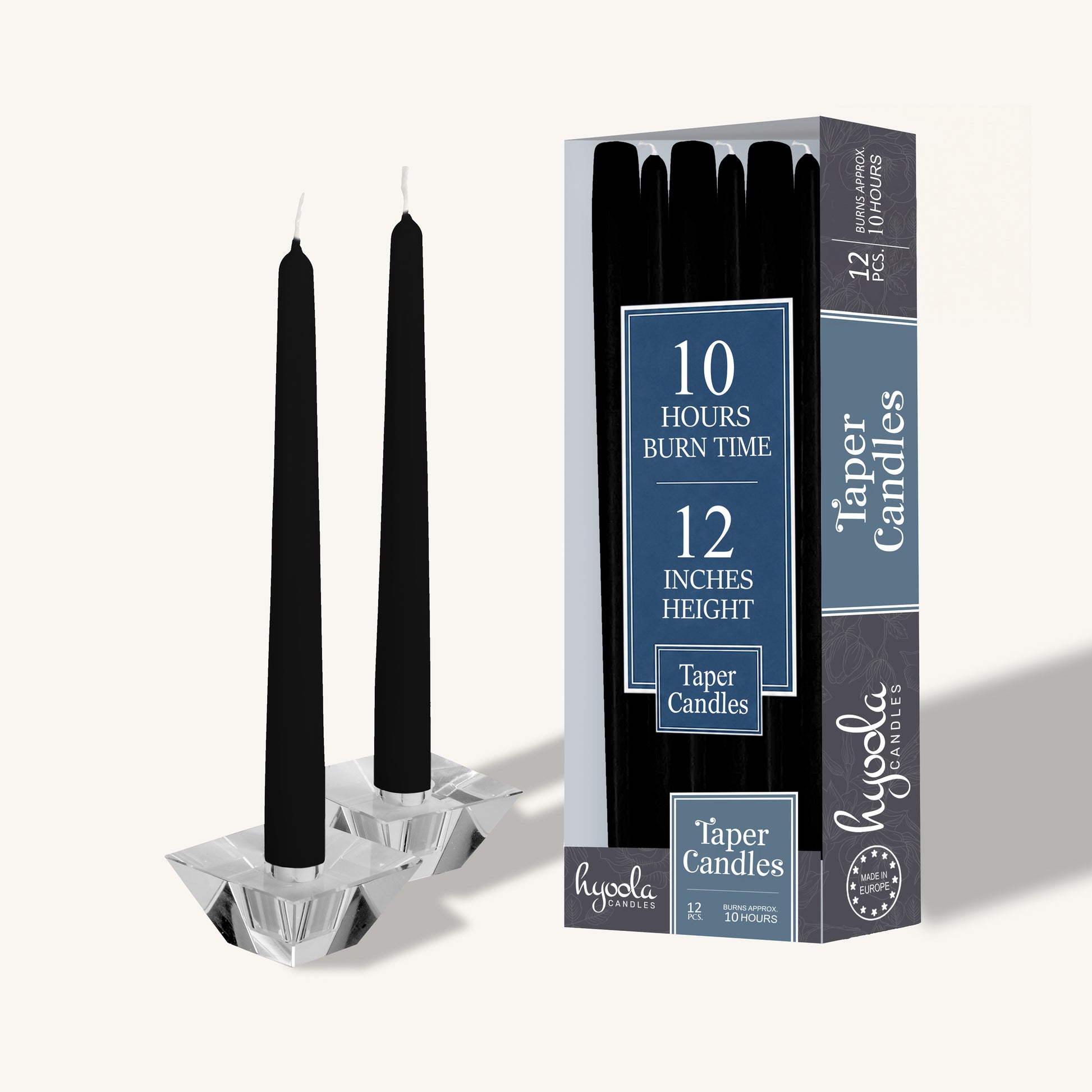 Black taper candle, 12 inch, pack of 12