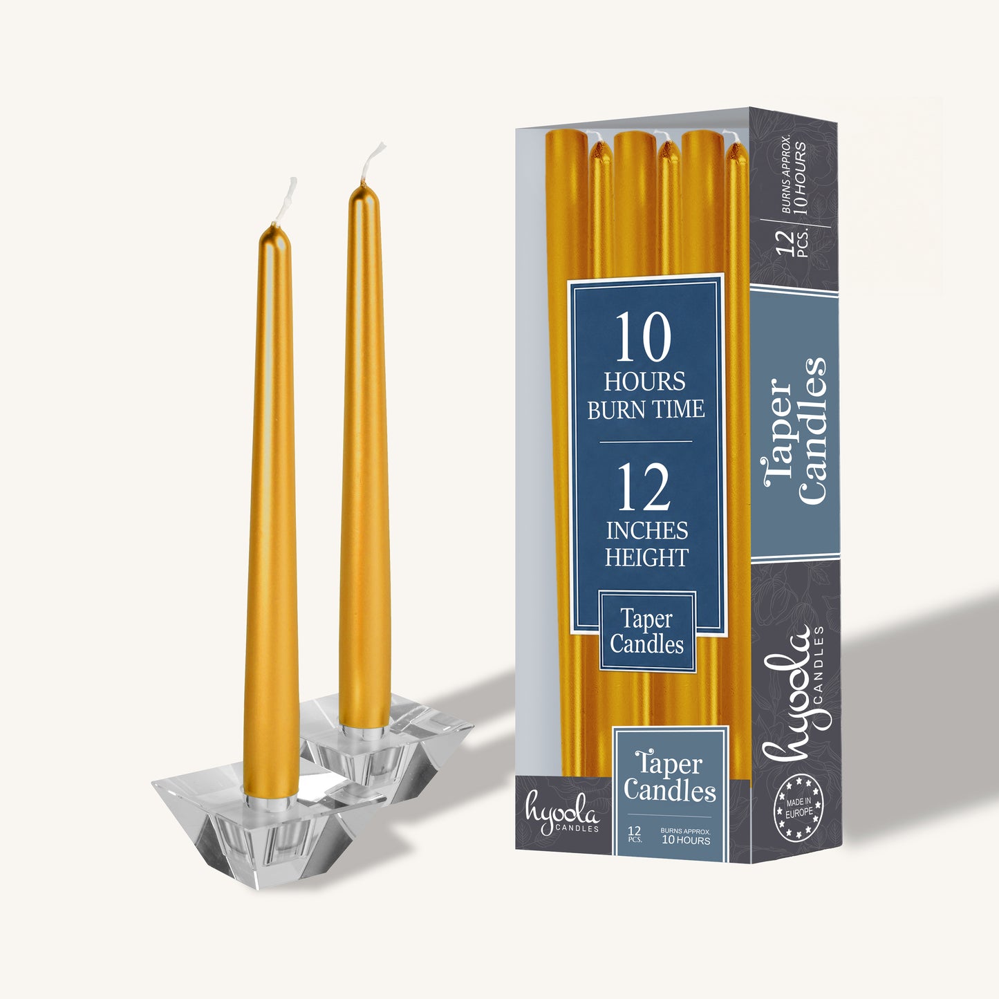 Metallic gold taper candle, 12 inch, pack of 12