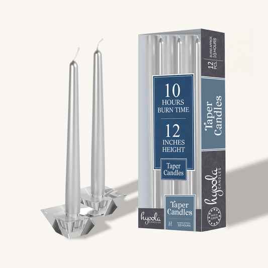 Metallic silver taper candle, 12 inch, pack of 12