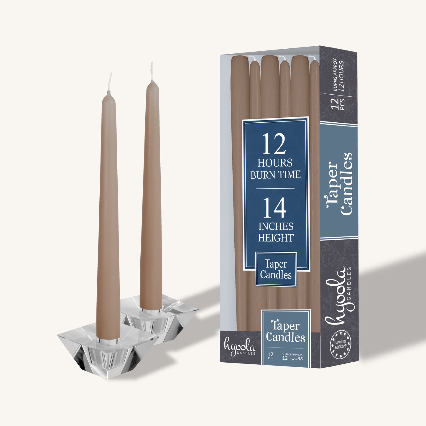 Taupe brown taper candle, 14 inch, pack of 12