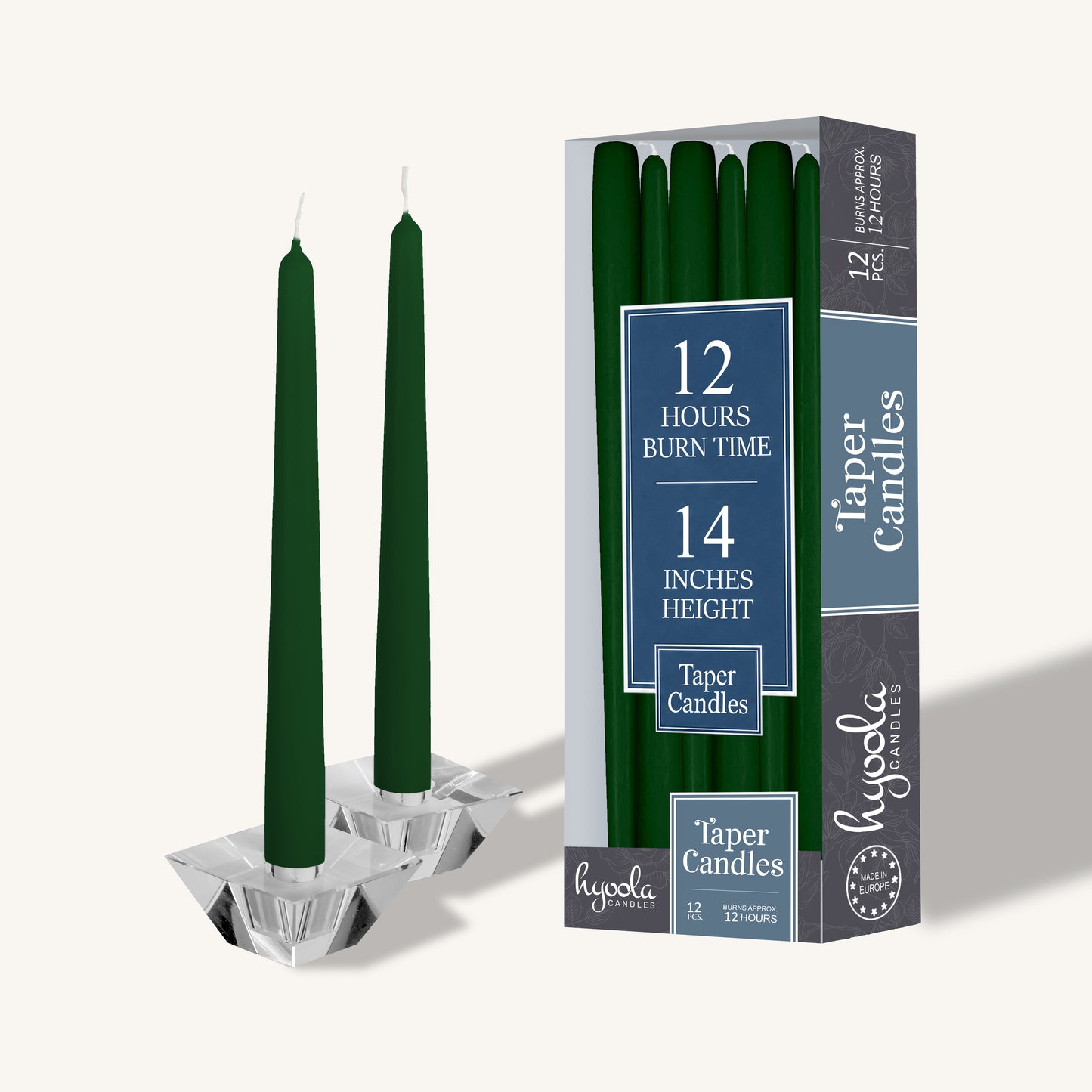 Hunter green taper candle, 14 inch, pack of 12