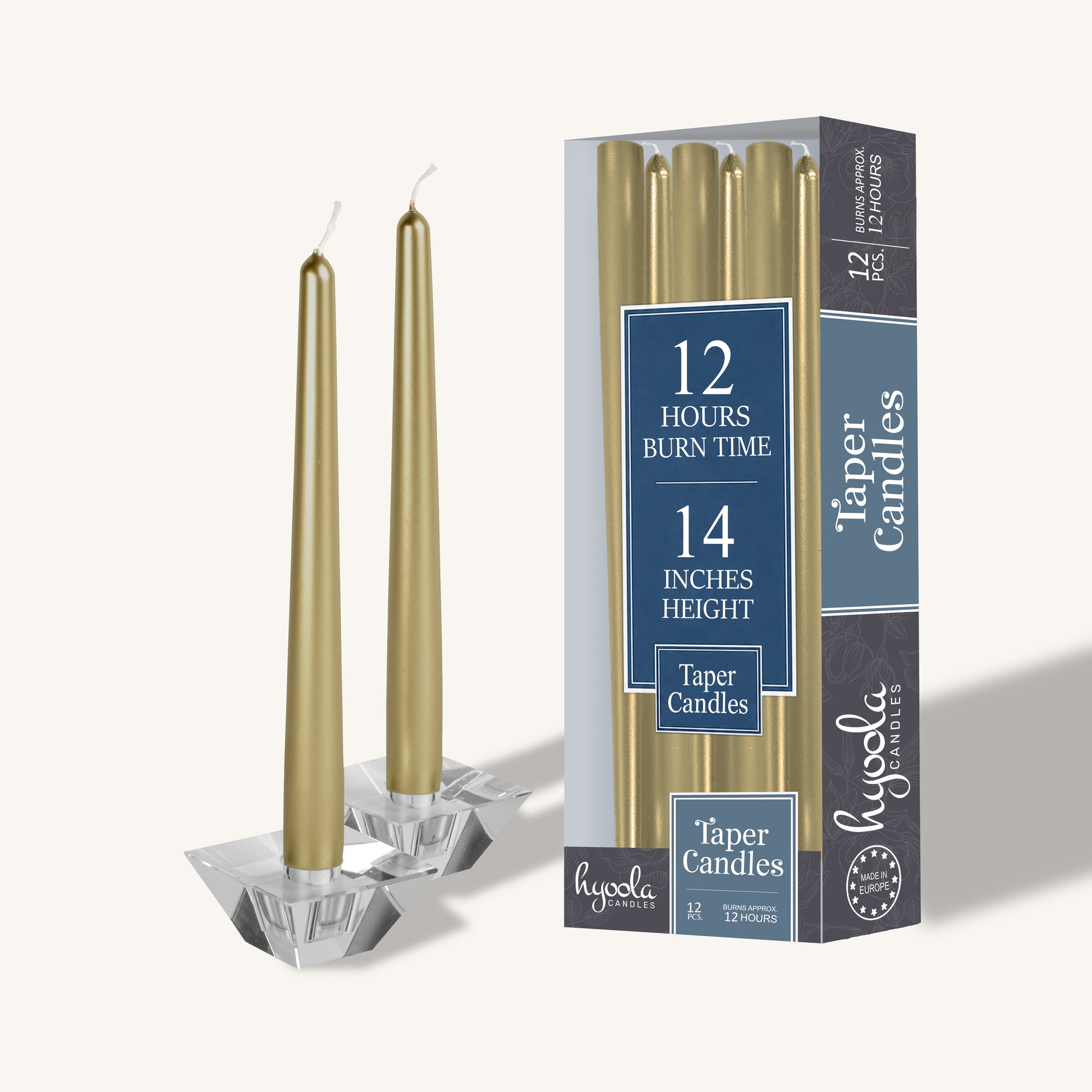 Metallic cream gold taper candle, 14 inch, pack of 12