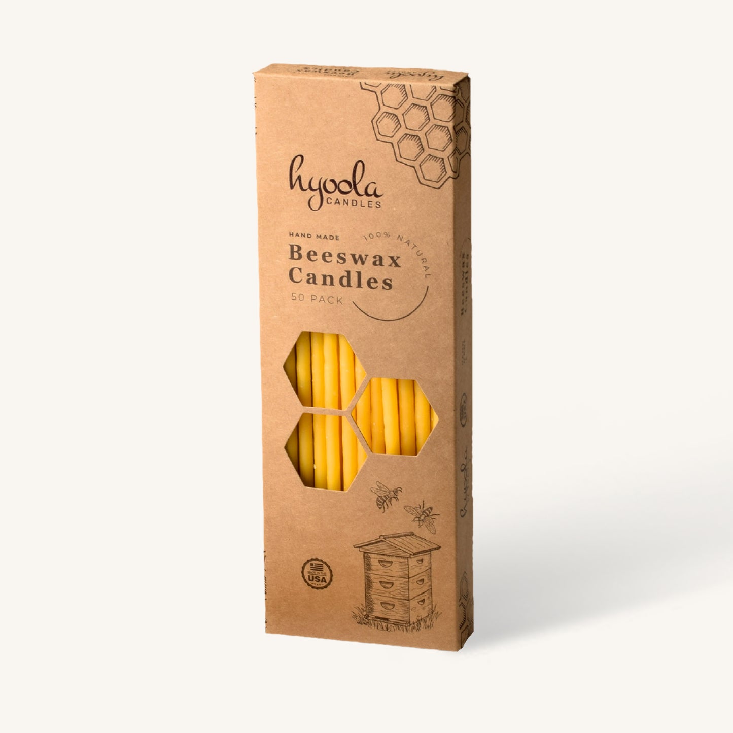 Yellow beeswax taper candle, long size, pack of 50