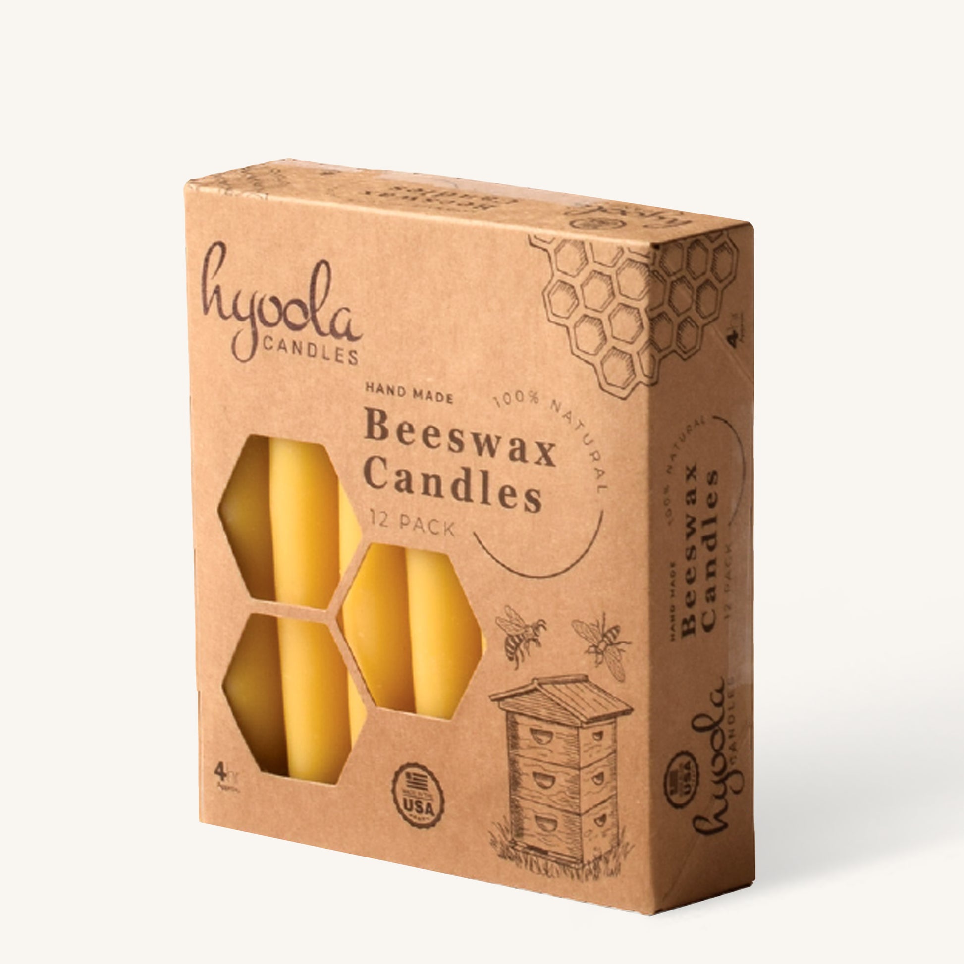Yellow beeswax taper candle, 4 hour burn, pack of 12