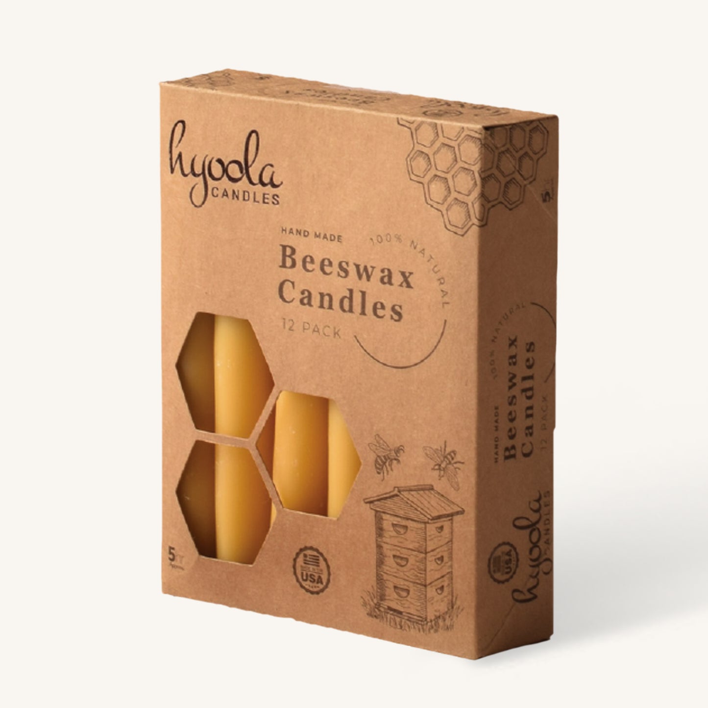 Yellow beeswax taper candle, 5 hour burn, pack of 12