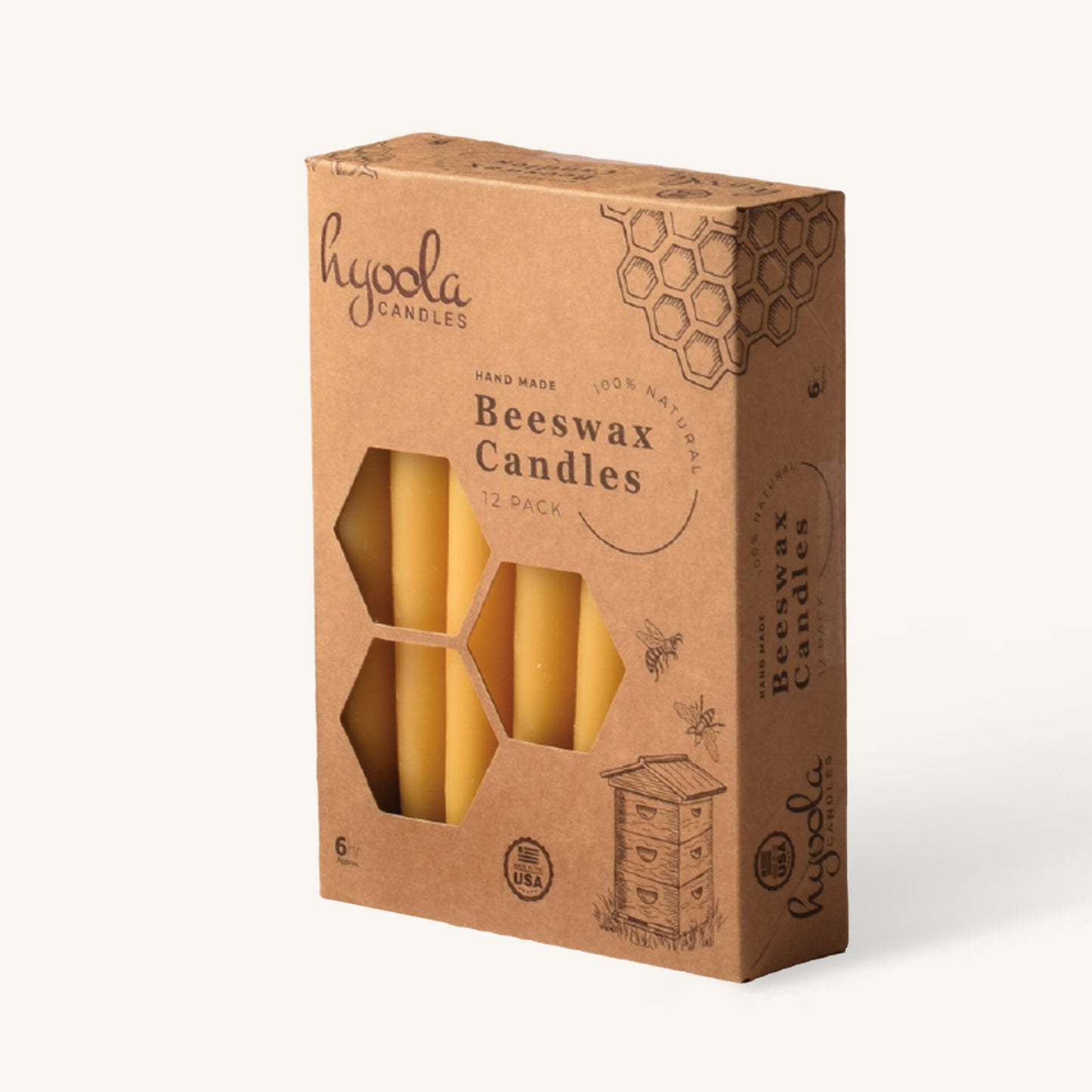 Yellow beeswax taper candle, 6 hour burn, pack of 12
