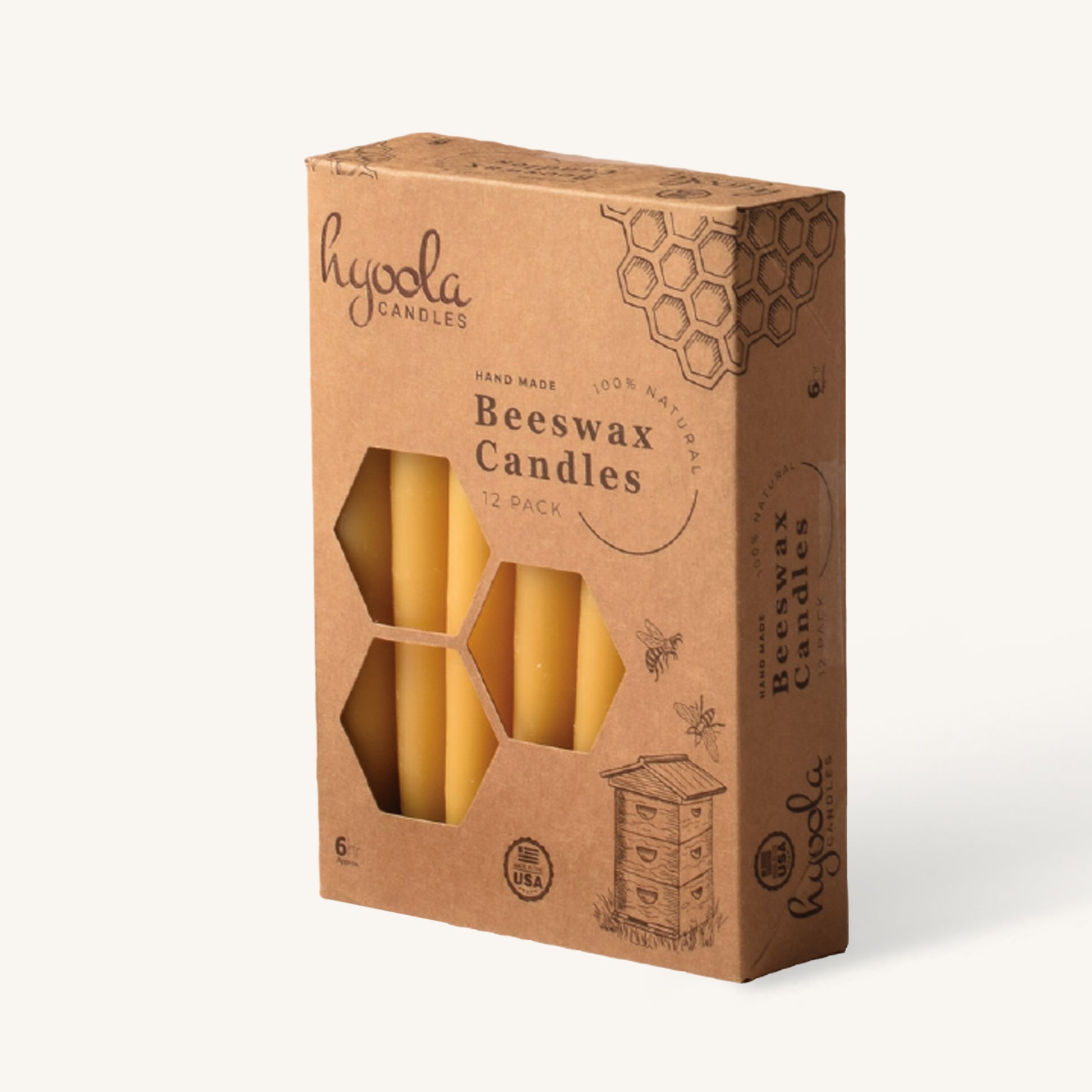 Yellow beeswax taper candle, 6 hour burn, pack of 12