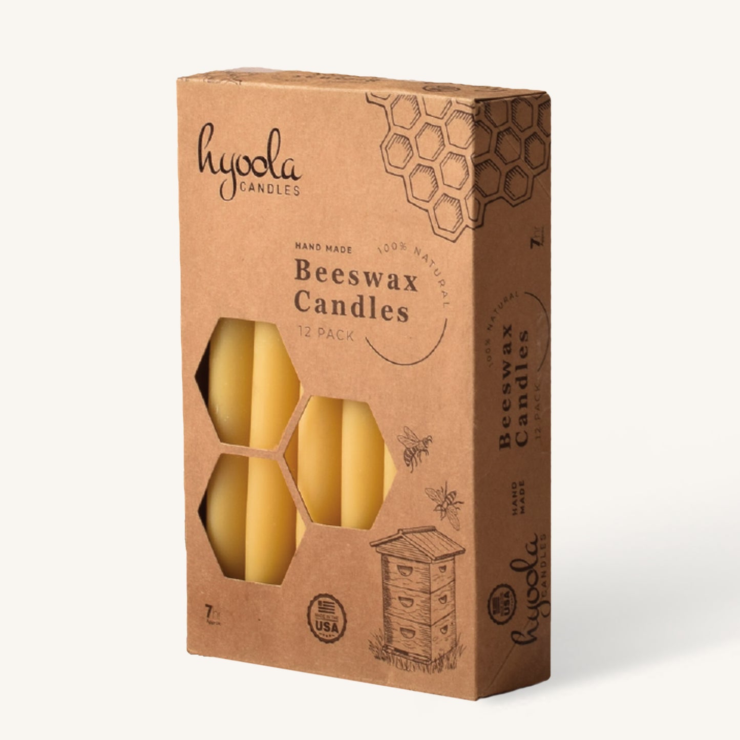 Yellow beeswax taper candle, 7 hour burn, pack of 12