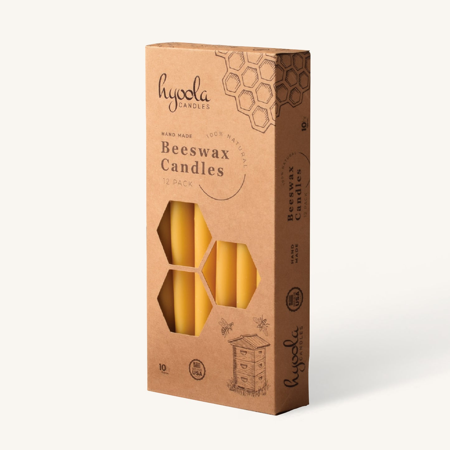 Yellow beeswax taper candle, 10 hour burn, pack of 12