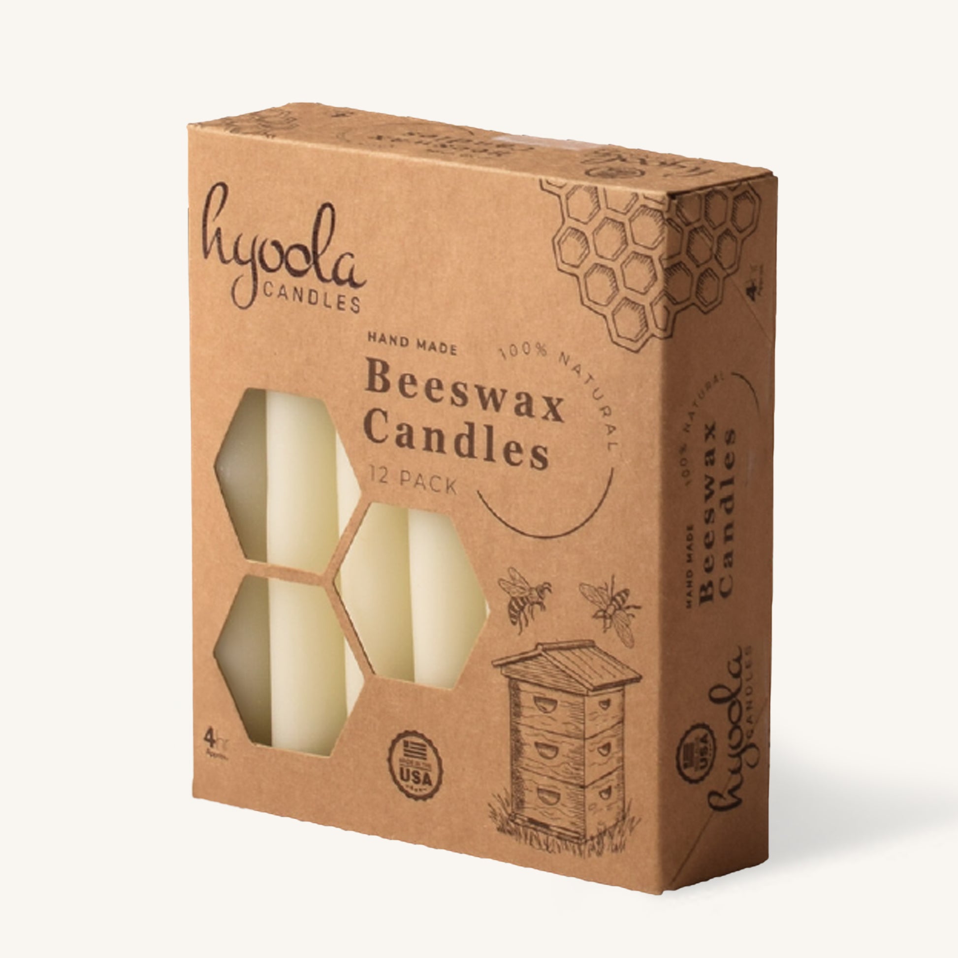 White beeswax taper candle, 4 hour burn, pack of 12