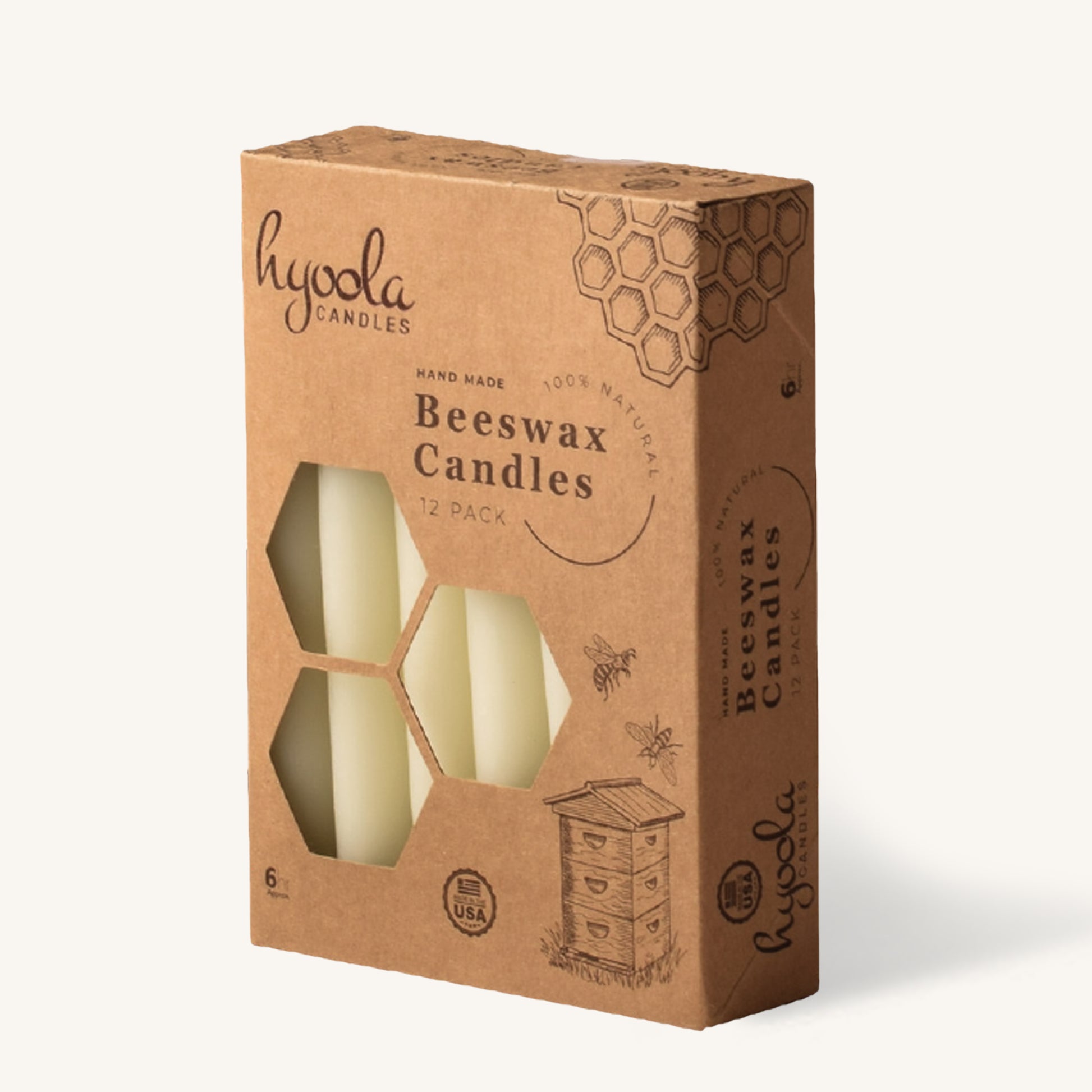 White beeswax taper candle, 6 hour burn, pack of 12
