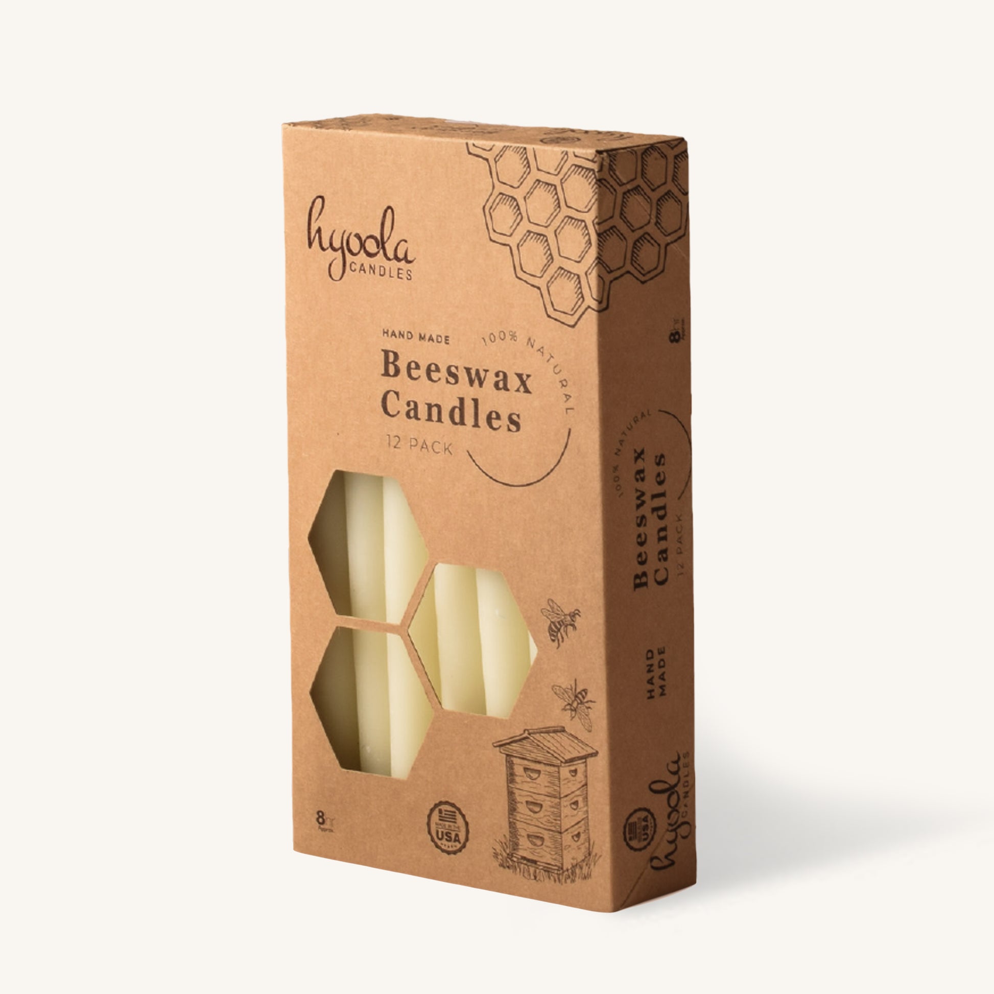 White beeswax taper candle, 8 hour burn, pack of 12