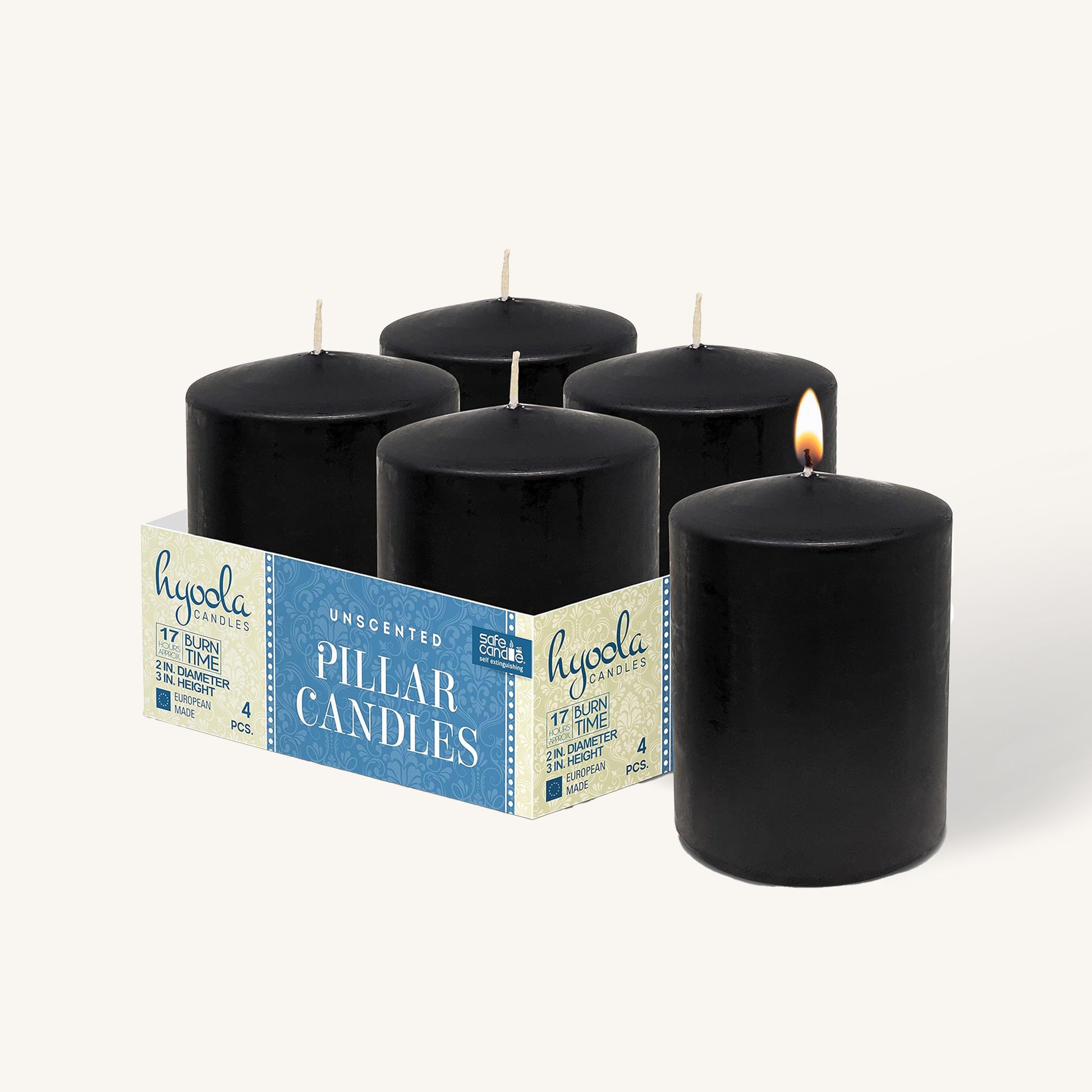 Black pillar candle, 2 inch by 3 inch, pack of 4
