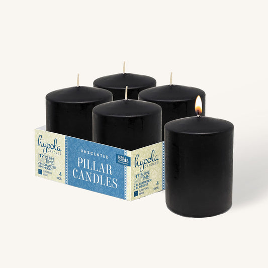 Black pillar candle, 2 inch by 3 inch, pack of 4