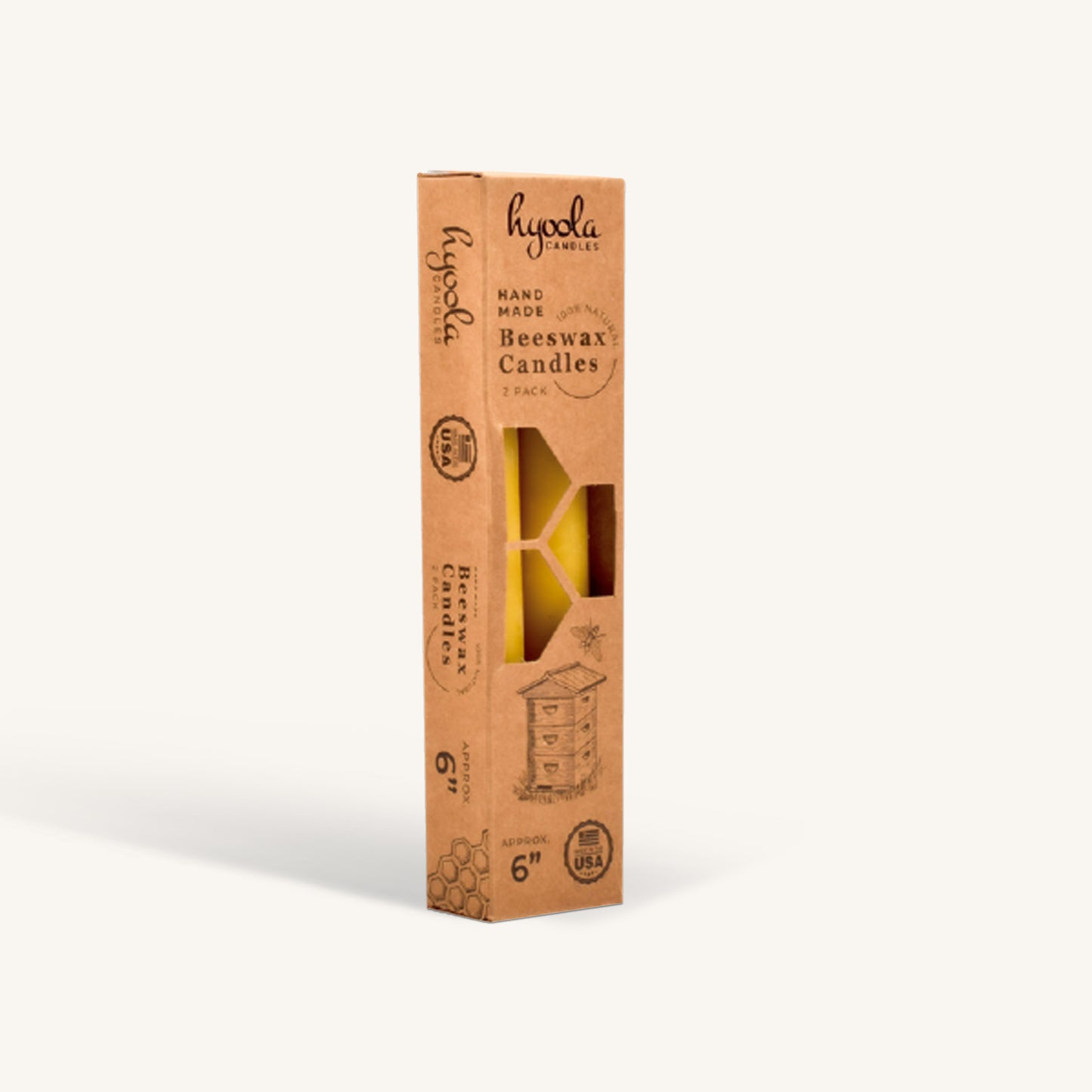 Yellow beeswax taper candle, 6 inch, pack of 2