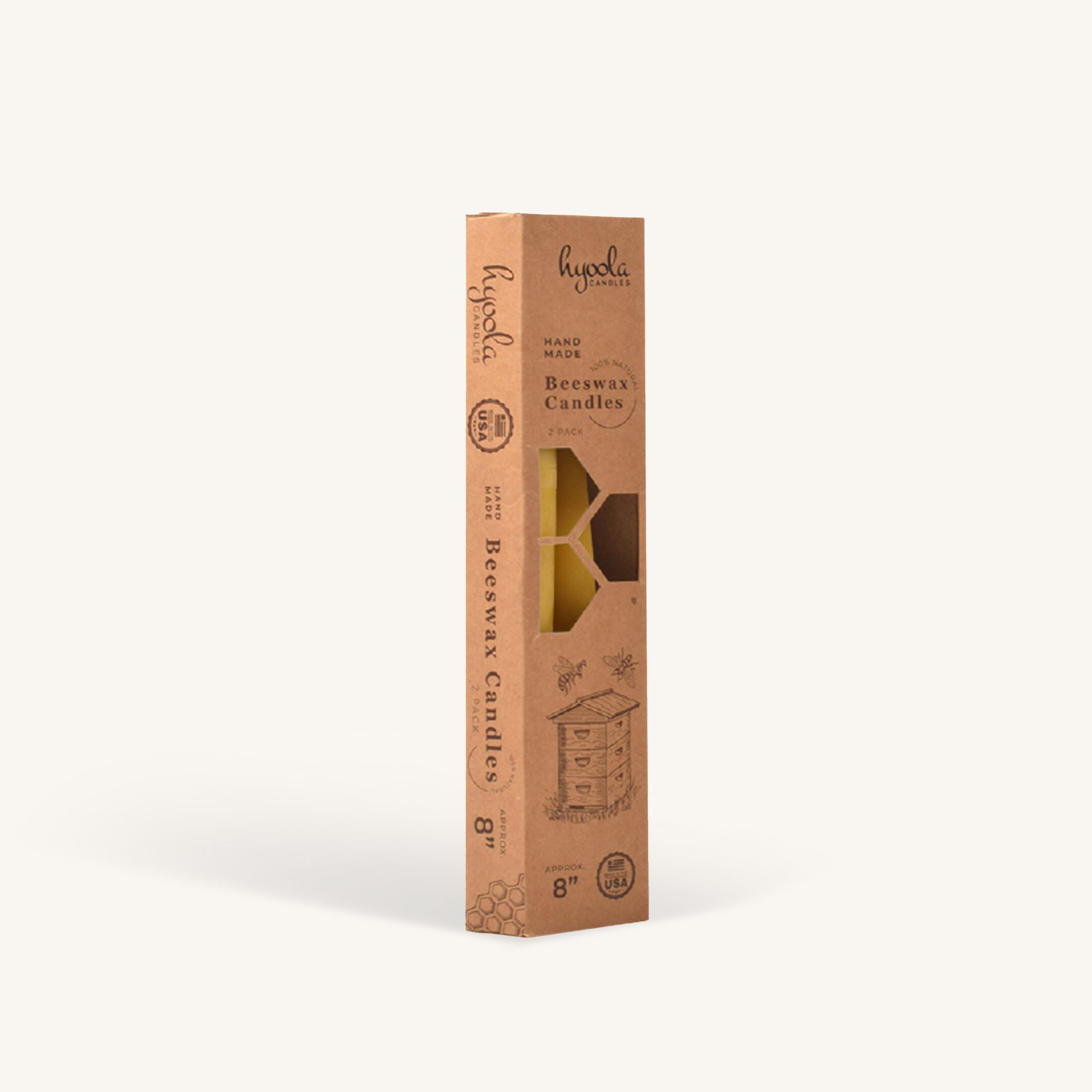 Yellow beeswax taper candle, 8 inch, pack of 2