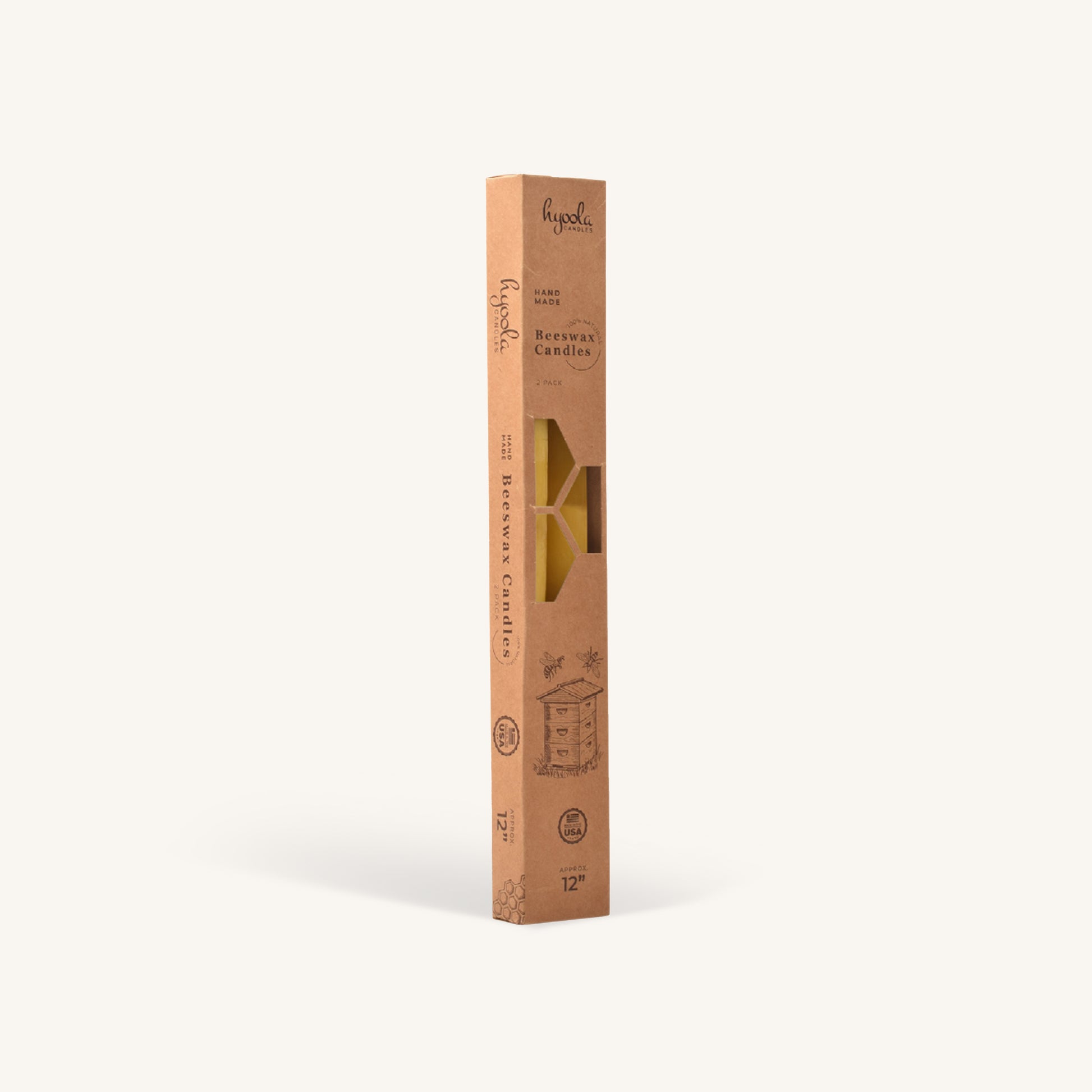 Yellow beeswax taper candle, 12 inch, pack of 2