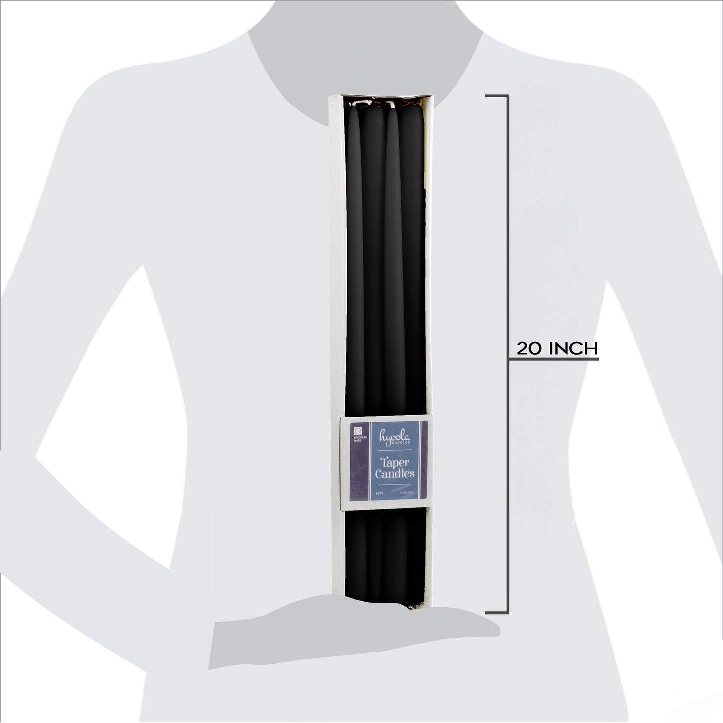 Black giant taper candle, 20 inch, pack of 8
