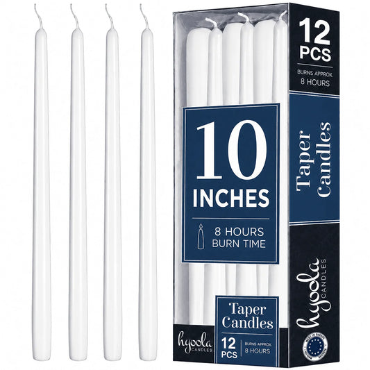 White Dripless Taper Candles - 10 Inch - 12 Pack  Hour Burn Time