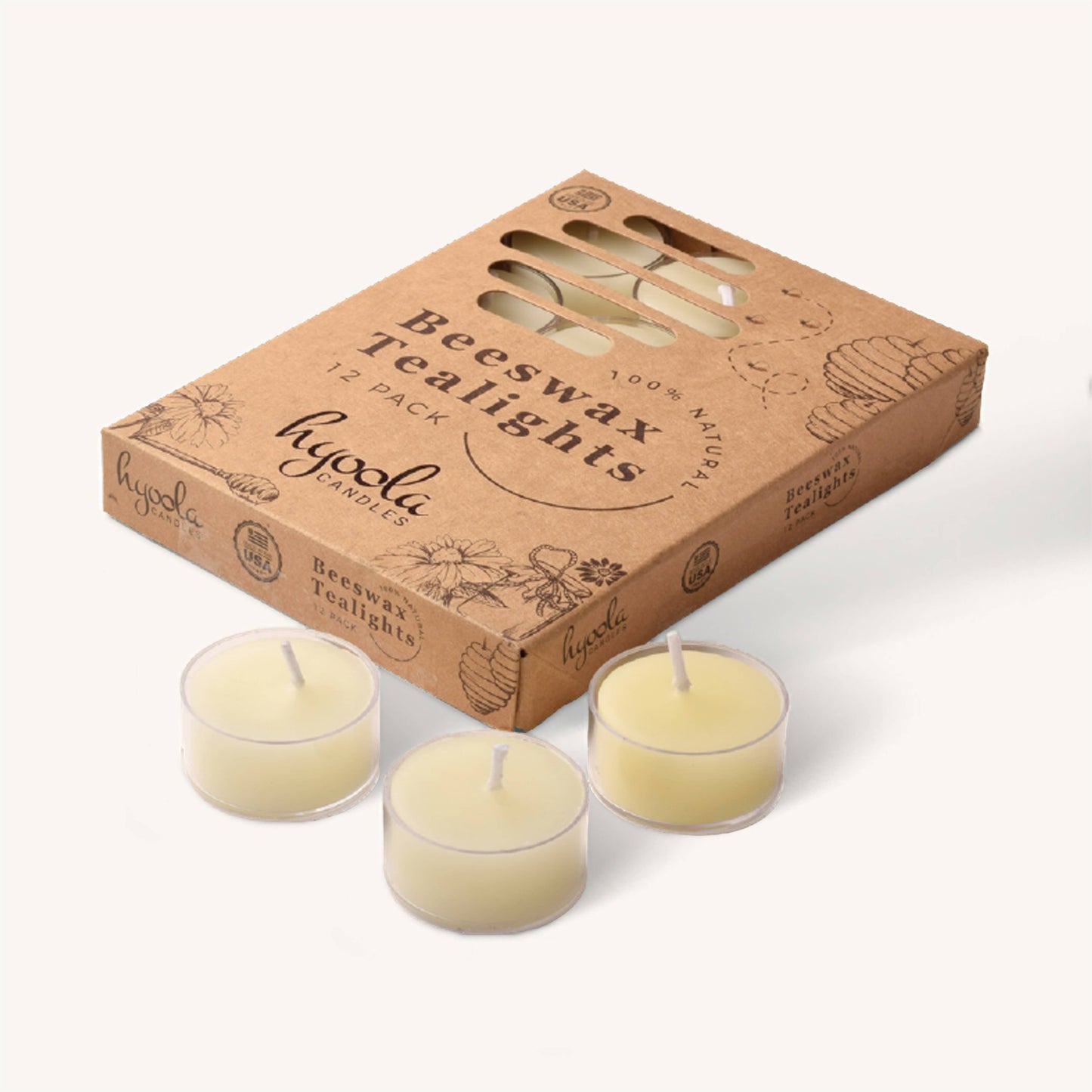 White beeswax tealight candle in clear cup, 4 hour burn, pack of 12