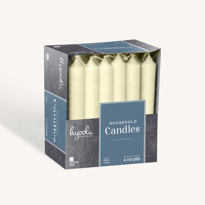 Ivory household taper candle, 4 hour burn, pack of 40